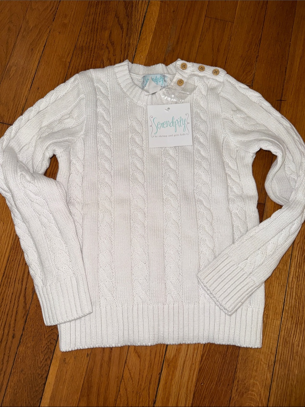 NWT Serendipity shrimp and grits kids White Cable Knit Button-Shoulder Sweater 7